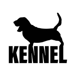 Monochrome logo of the kennel of dogs breed basset hound. The text logo is black and white.