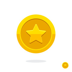 Gold game coin. Coin icon. Gold medal. Coin with the star. Graphic user interface design element. Gold star. Game coin. Money symbol. Game elements. Bank payment symbol. Game purchases. Financial 