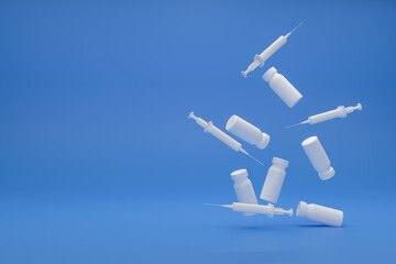 Naklejka na ściany i meble Medical Syringe and vaccine floating in the air on a blue background. 3D rendering 