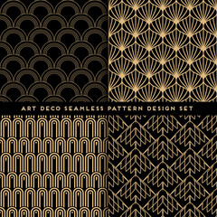 Art deco style seamless pattern design set - golden line repeat patterns on black background