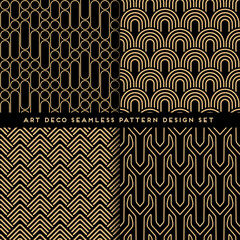 Art deco style seamless pattern design set - golden line repeat patterns on black background - 387491171