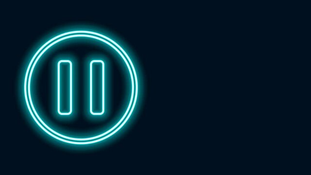 Glowing neon line Pause button icon isolated on black background. 4K Video motion graphic animation