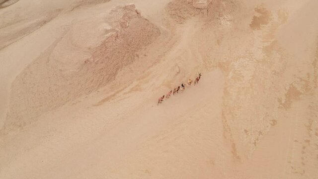Camel troop in wind erosion terrain landscape, yardang landform.