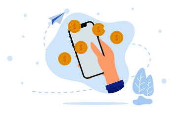 Money transaction online concept. Mobile payments using smartphone. Hand holding a mobile phone and money transfer on screen. Trendy flat style. Vector illustration.  Financial savings concept.