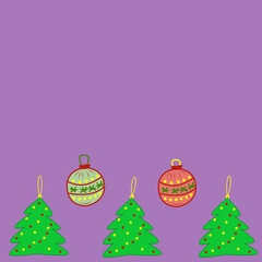 Set of Christmas trees and balls on violet background. Colorful illustration. Outline drawing, simple linear sketch. Merry Christmas and new year greeting. Copy space.