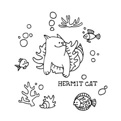 funny cute hermit cat in a shell, marine monster, ornament element, vector illustration with black ink contour lines isolated on a white background in a doodle & hand drawn style