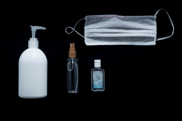 Basic protective implements for sars covid 19 coronavirus, such as soap, alcohol, gel and mask