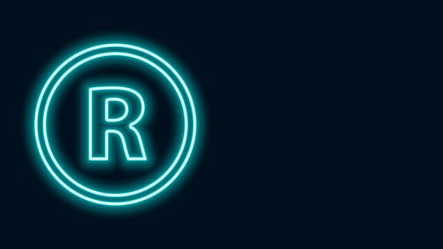 Glowing neon line Registered Trademark icon isolated on black background. 4K Video motion graphic animation