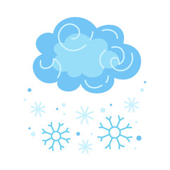 Winter cloud snow, snowflake cartoon style. Abstract flat cold weather colors hand drawn symbol. Cute blizzard nature weather element. Meteorological infographics for print, fabric. Vector