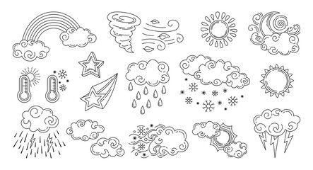 Weather doodle set. Black line sun and clouds, rain or snow, lightning, moon and star, rainbow, thermometer. Symbols of forecast weather. Meteorological infographics outline signs. Vector illustration