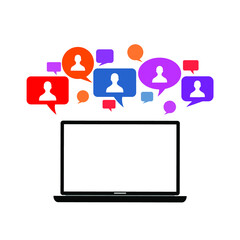 laptop and people inside colorful bubble chat, conversation, dialog