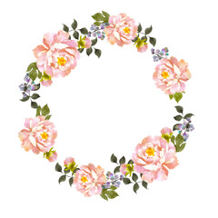 ピンクの牡丹の花リース Watercolor wreath of peoney flowes isolated