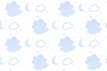 Kids cute blue doodle cloud seamless pattern. Pastel tileable background of hand drawn clouds with circle spots, moon. Great for fabric, paper print, wallpaper decor or baby book Vector illustration
