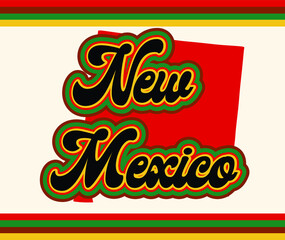 New Mexico lettering text with a 70s vintage stylized aesthetic typography, in muted rainbow colors