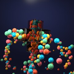 3D renders of abstract, colourful and dynamic  balls exploding out of glass structure. Fun and playful.