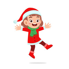 happy cute little kid boy and girl wearing red christmas costume and jump