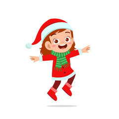 happy cute little kid boy and girl wearing red christmas costume and jump