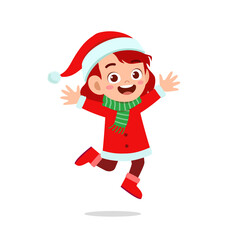 happy cute little kid boy and girl wearing red christmas costume and jump