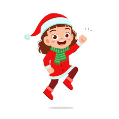 happy cute little kid boy and girl wearing red christmas costume and jump