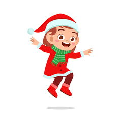 happy cute little kid boy and girl wearing red christmas costume and jump