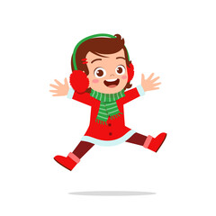 happy cute little kid boy and girl wearing red christmas costume and jump