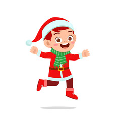 happy cute little kid boy and girl wearing red christmas costume and jump