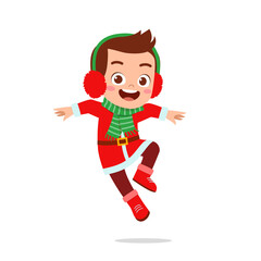 Fototapeta na wymiar happy cute little kid boy and girl wearing red christmas costume and jump