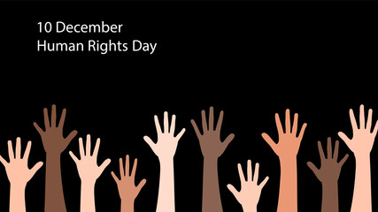 Human right day concept. International peace. Hands of various skin colors raised on black background. Equality icon. Freedom symbol. Cartoon flat design. Vector illustration.