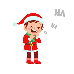 happy cute little kid boy and girl wearing red christmas costume and laugh loud