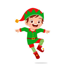 happy cute little kid boy and girl wearing green elf christmas costume