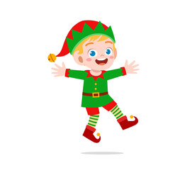 happy cute little kid boy and girl wearing green elf christmas costume