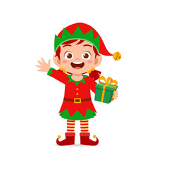 happy cute little kid boy and girl wearing green elf christmas costume