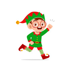 happy cute little kid boy and girl wearing green elf christmas costume