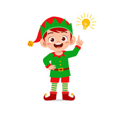 happy cute little kid boy and girl wearing green elf christmas costume and thinking