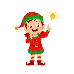 happy cute little kid boy and girl wearing green elf christmas costume and thinking