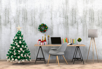 Christmas interior workspace with computer. 3d render