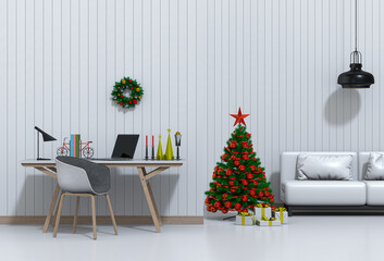 Christmas interior workspace with computer. 3d render