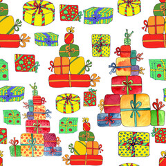 Christmas seamless pattern with gifts in a beautiful package, watercolor graphic illustration on a white background.