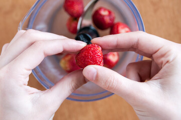 Hands put a strawberry in a blender, top view