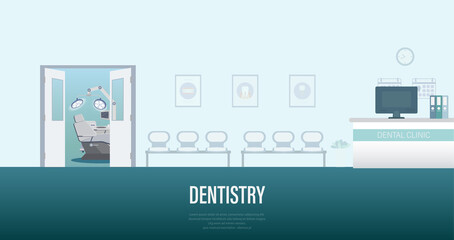 Dental clinic banner with dental office interior flat design vector illustration