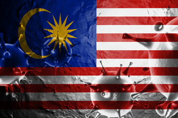 VIRUS WITH Malaysia FLAG, CORONA VIRUS, Flu coronavirus floating, micro view, pandemic virus infection, asian flu, covid, covid19, covid-19 3D RENDER.