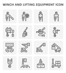Winch icon and other lifting equipment icon such as scissor lift, cherry picker, reach stacker etc for vary work and industry such as construction, production, rection, maintenance and warehousing. 