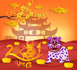 Plakat Happy chinese new year 2021 version. Zodiac of ox cartoon character traditional. New year 2021 cards