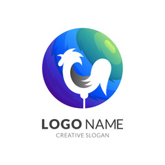 rooster world logo chicken and globe, combination logo with 3d colorful style