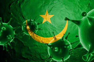 VIRUS WITH Mauritania FLAG, CORONA VIRUS, Flu coronavirus floating, micro view, pandemic virus infection, asian flu, covid, covid19, covid-19 3D RENDER.