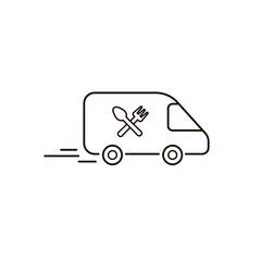 Food delivery. Business. Icon. Black and white outline. Freight car. Fork. A spoon. Vector illustration