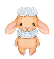 Cute cartoon baby sheep, blue and beige. Watercolor hand drawn art, sketsh, illustration,icon. Isolated.