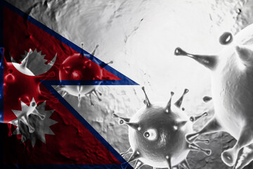 VIRUS WITH Nepal FLAG, CORONA VIRUS, Flu coronavirus floating, micro view, pandemic virus infection, asian flu, covid, covid19, covid-19 3D RENDER.