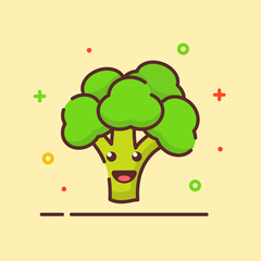 Broccoli cute mascot face emotion happy vegetable with color flat cartoon outline style