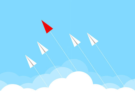 The red paper plane changes direction from white to a new business concept that differentiates leadership